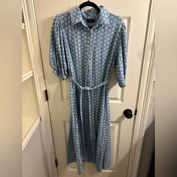 Light Blue Embroidered Floral Shirt Maxi Dress with Belt - Picture 1 of 4